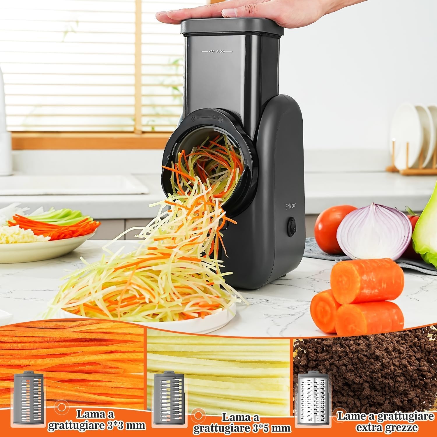 Elektrische kaasrasp, elektrische salademaker, multi-rasp, fruitsnijder, automatische groentehakselaar, keukenmachine, voor kaas, komkommer, wortel, zwart
