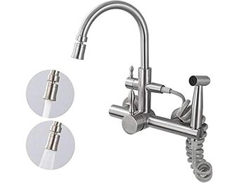 Multifunctional Kitchen Faucets Wall Mounted Contemporary Kitchen Faucet Wall Mounted Hot and Cold Faucet 360°Vegetable Washer with Spray Gun Countertop 304 Stainless Steel Brushed - B