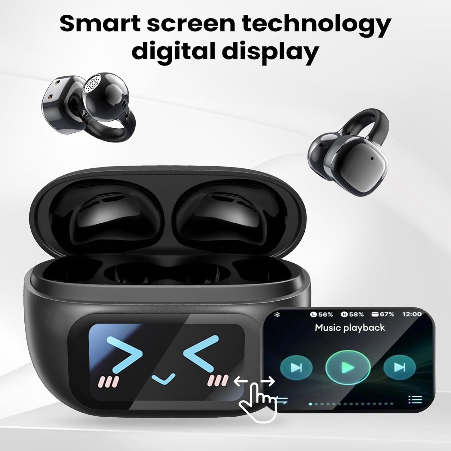Open-Ear koptelefoon, 5.4-hoofdtelefoon, open-ear clip-on sportoortjes, taalvertaling, 50 uur speeltijd met ENC, touchscreen Open Ear Oordopjes (Zwart)