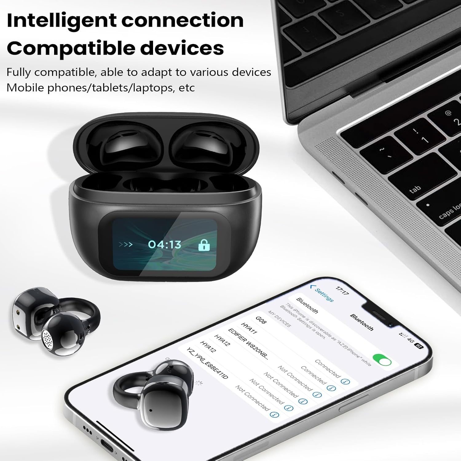 Open-Ear koptelefoon, 5.4-hoofdtelefoon, open-ear clip-on sportoortjes, taalvertaling, 50 uur speeltijd met ENC, touchscreen Open Ear Oordopjes (Zwart)