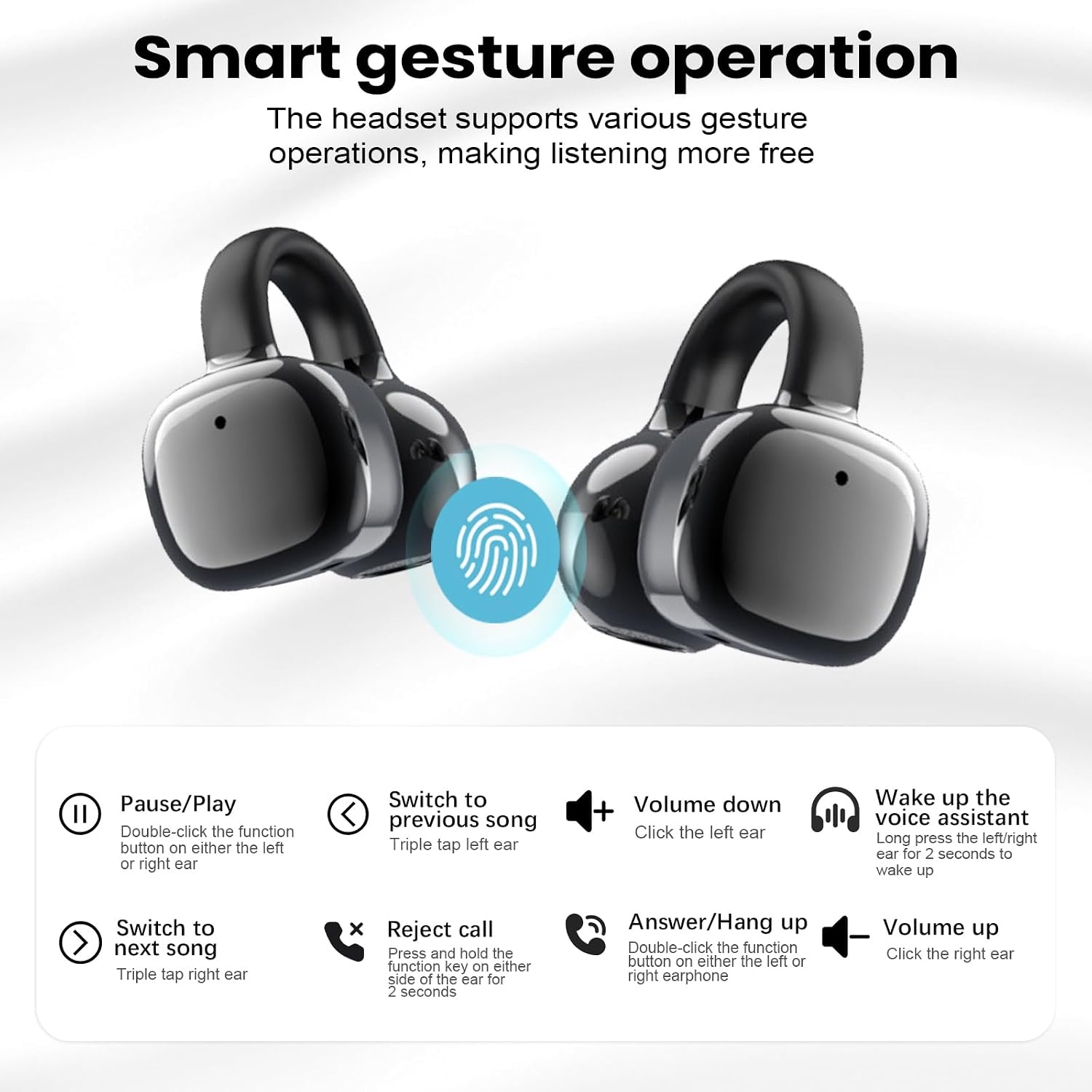 Open-Ear koptelefoon, 5.4-hoofdtelefoon, open-ear clip-on sportoortjes, taalvertaling, 50 uur speeltijd met ENC, touchscreen Open Ear Oordopjes (Zwart)