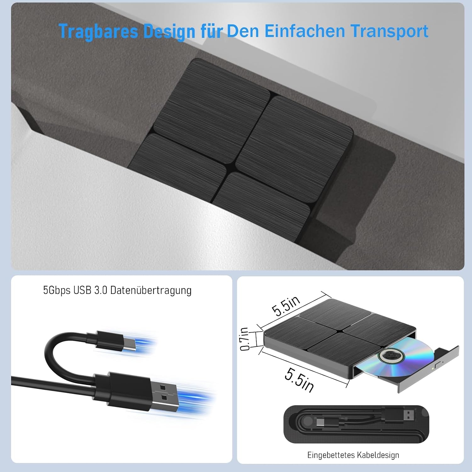 Yaeonku Externe Blu Ray CD DVD drive, USB 3.0 Type-C 3D Bluray CD DVD Lezer Slank Optische Bluray DVD Drive voor MacBook Laptop Desktop PC Laptop Compatibel met Mac OS Windows XP/7/8/10/11