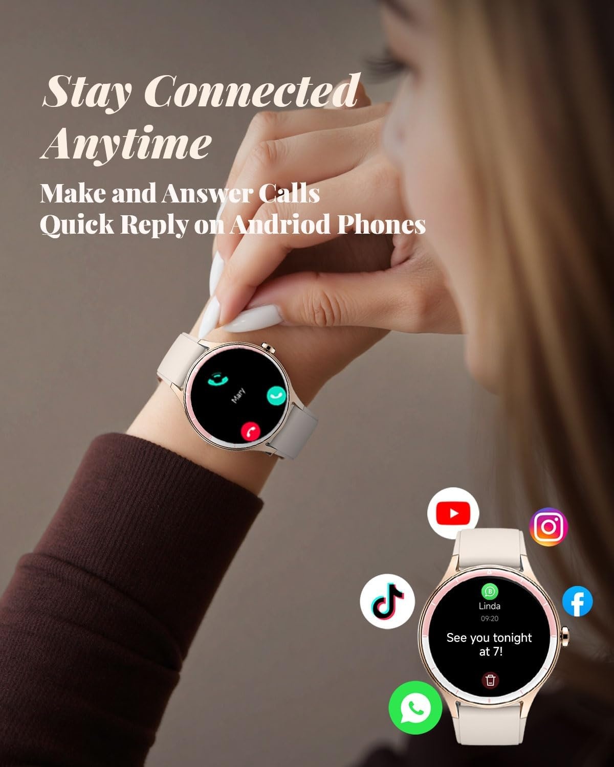TOOBUR Smartwatch voor dames, rond, stappenteller en fitnesshorloge voor hardlopen/dagelijks gebruik, 100+ sportmodi, elegant, compatibel met Android/iOS, telefoonfunctie met oproepen, IP68 waterdicht