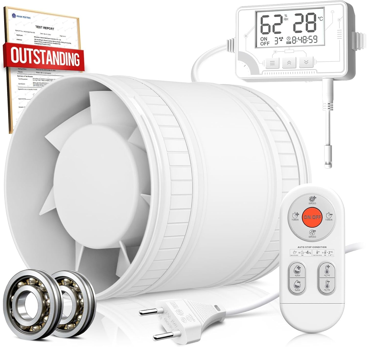 100mm Buisventilator met Afstandsbediening, Stille Kanaalventilator met Vochtsensor Temperatuursensor Timer, Afzuigventilator met 3 Snelheden, Ventilator Badkamer Toilet Garage