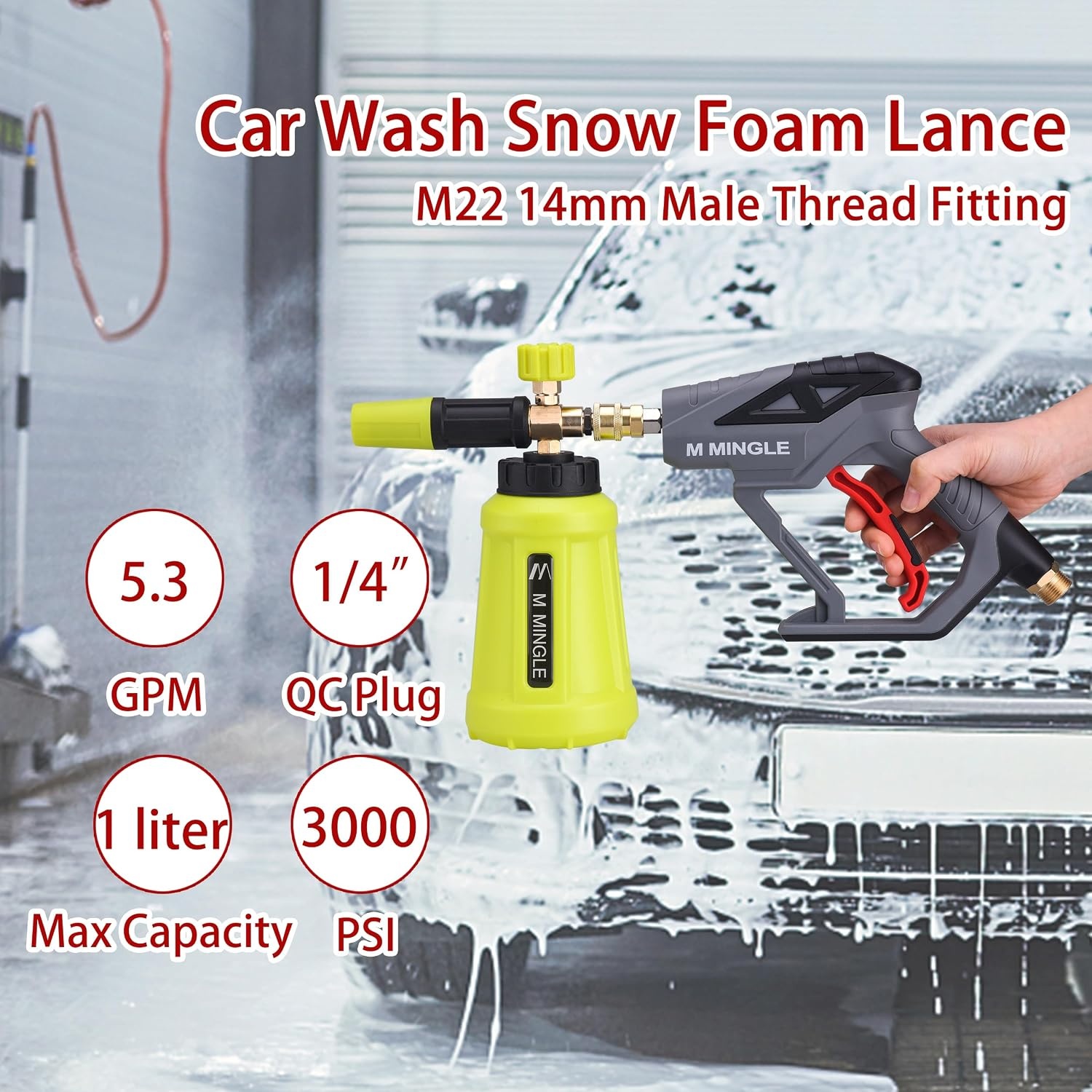 M MINGLE Hogedrukreiniger Gun Sneeuwschuimlans, 4000 PSI Cannon Foam Blaster Power Washer met 1/4 "Quick Connector, Car Wash Foam Cannon Kit met 5 Hogedrukreiniger Nozzle Tips, 1 Liter