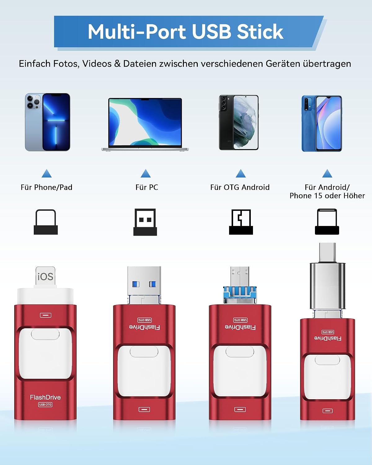 256GB USB-Stick 4-in-1 (iOS, USB-C, Micro-USB, USB 3.0) Rood - 33% Korting