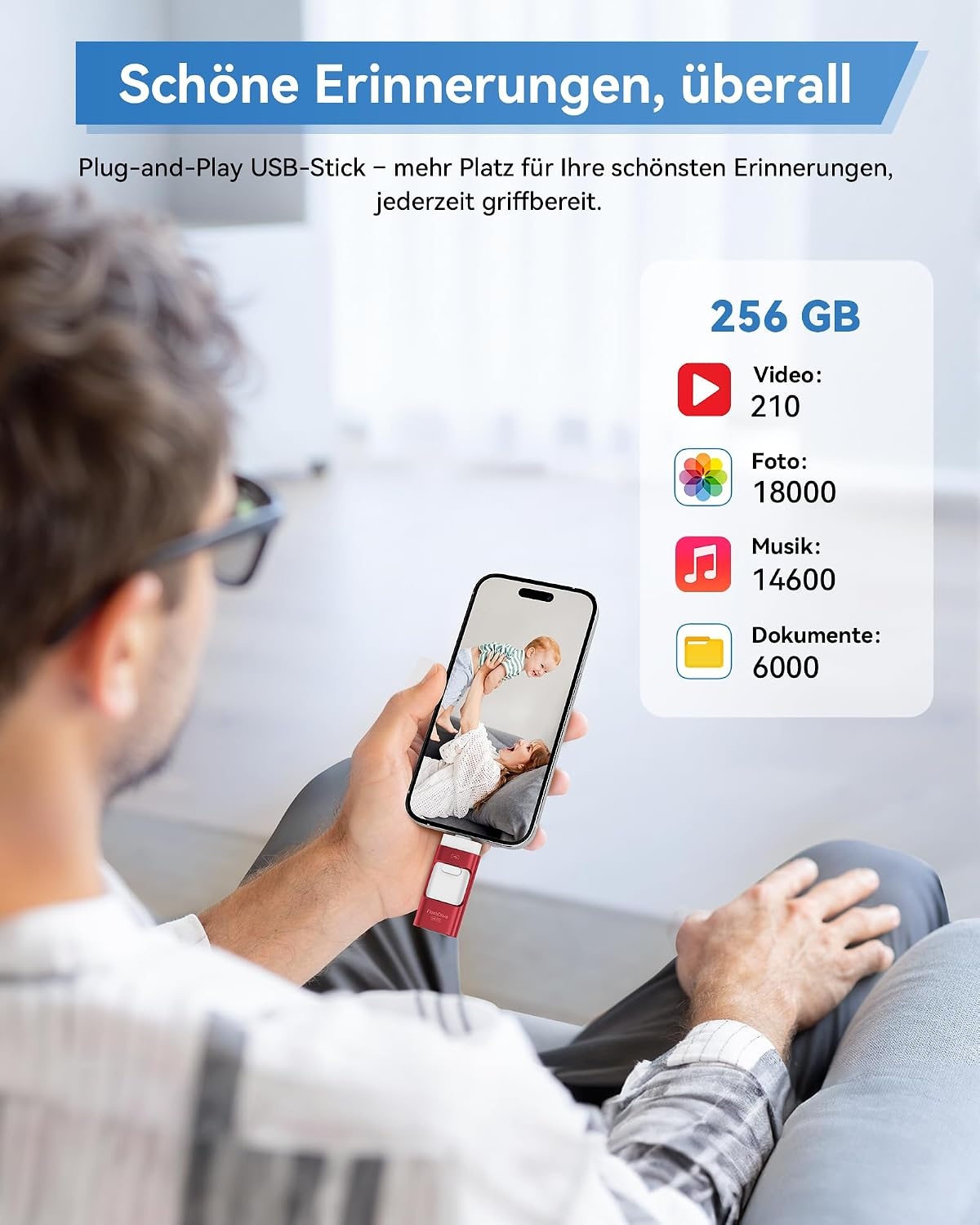 256GB USB-Stick 4-in-1 (iOS, USB-C, Micro-USB, USB 3.0) Rood - 33% Korting