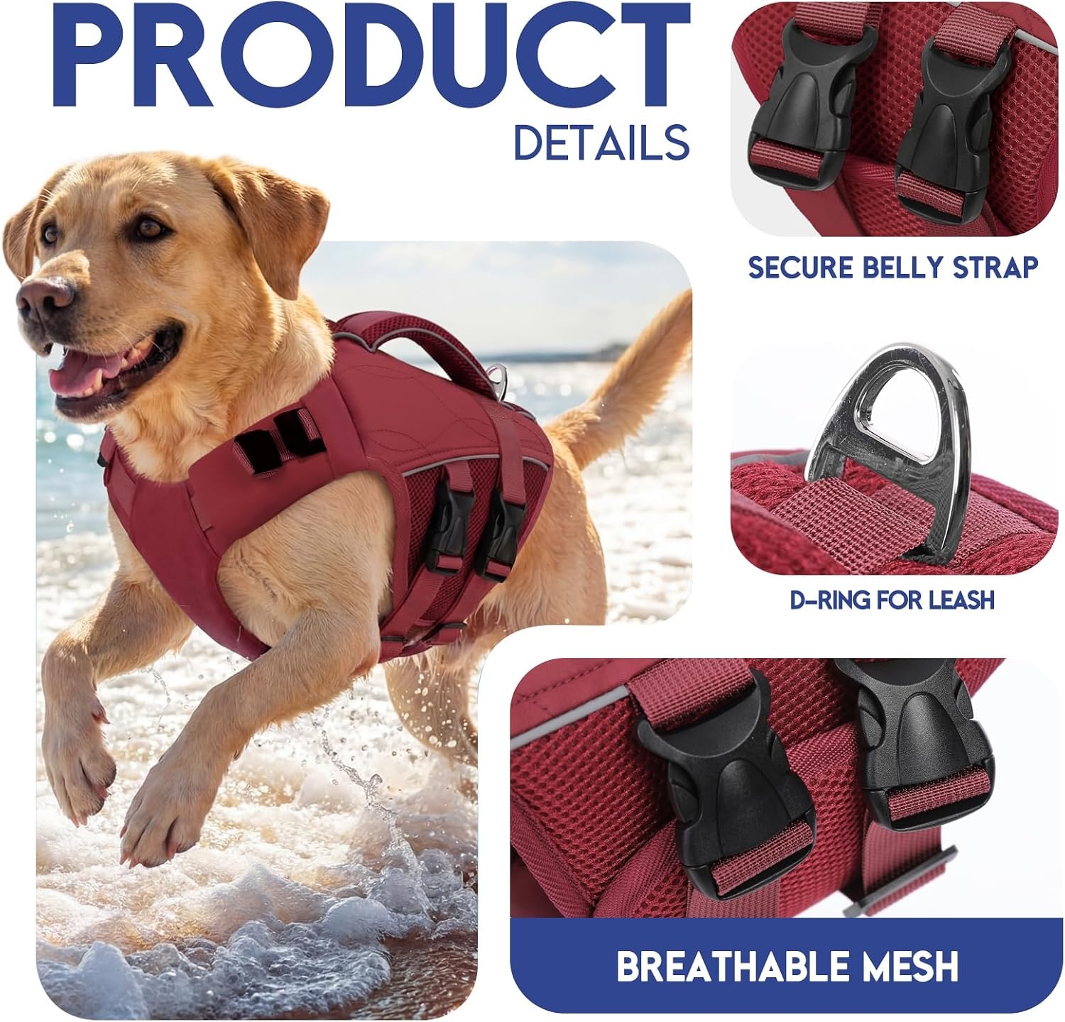 Honden Zwemvest ASENKU - Veilig & Comfortabel (Wine Red, XL) - 34% Korting