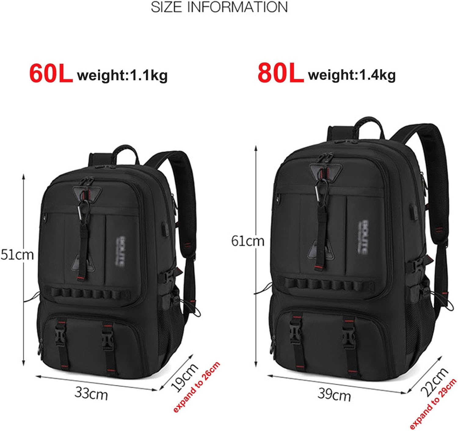 Uitbreidbare Reisrugzak Zwart (60-80L) - Schoenenvak, Laptopvak - 33% Korting