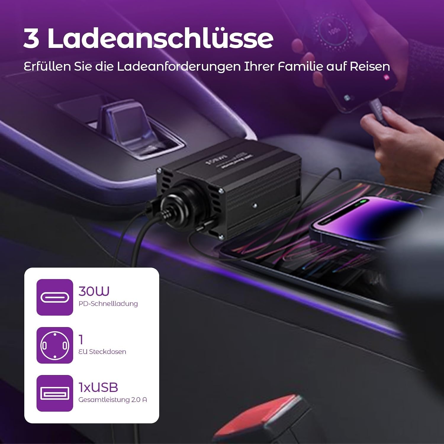 12V/220V Omvormer 300W met USB & Type C Snellader