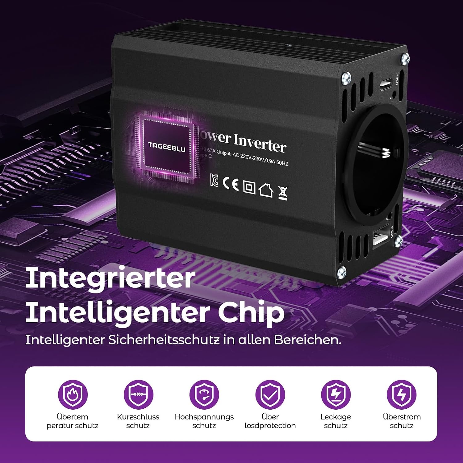 12V/220V Omvormer 300W met USB & Type C Snellader