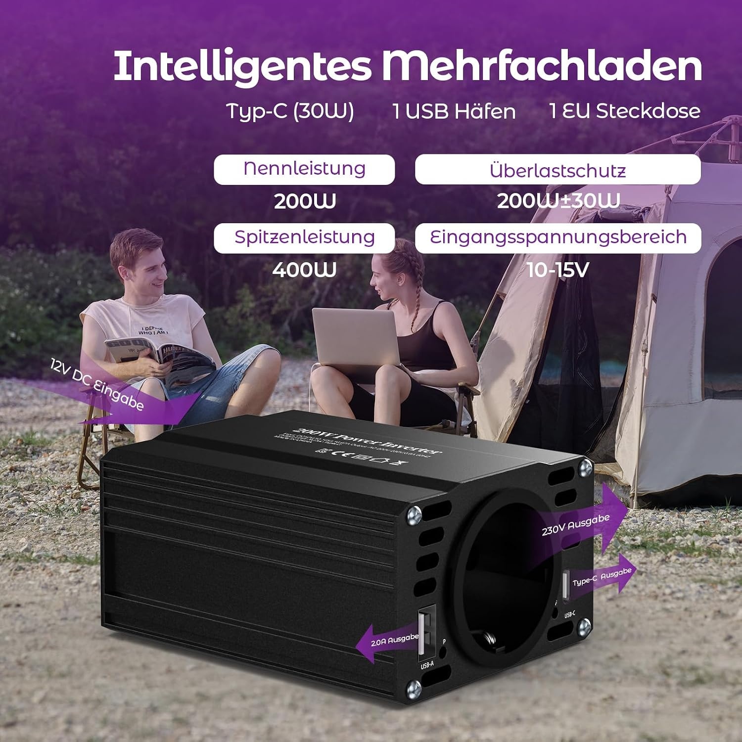 12V/220V Omvormer 300W met USB & Type C Snellader