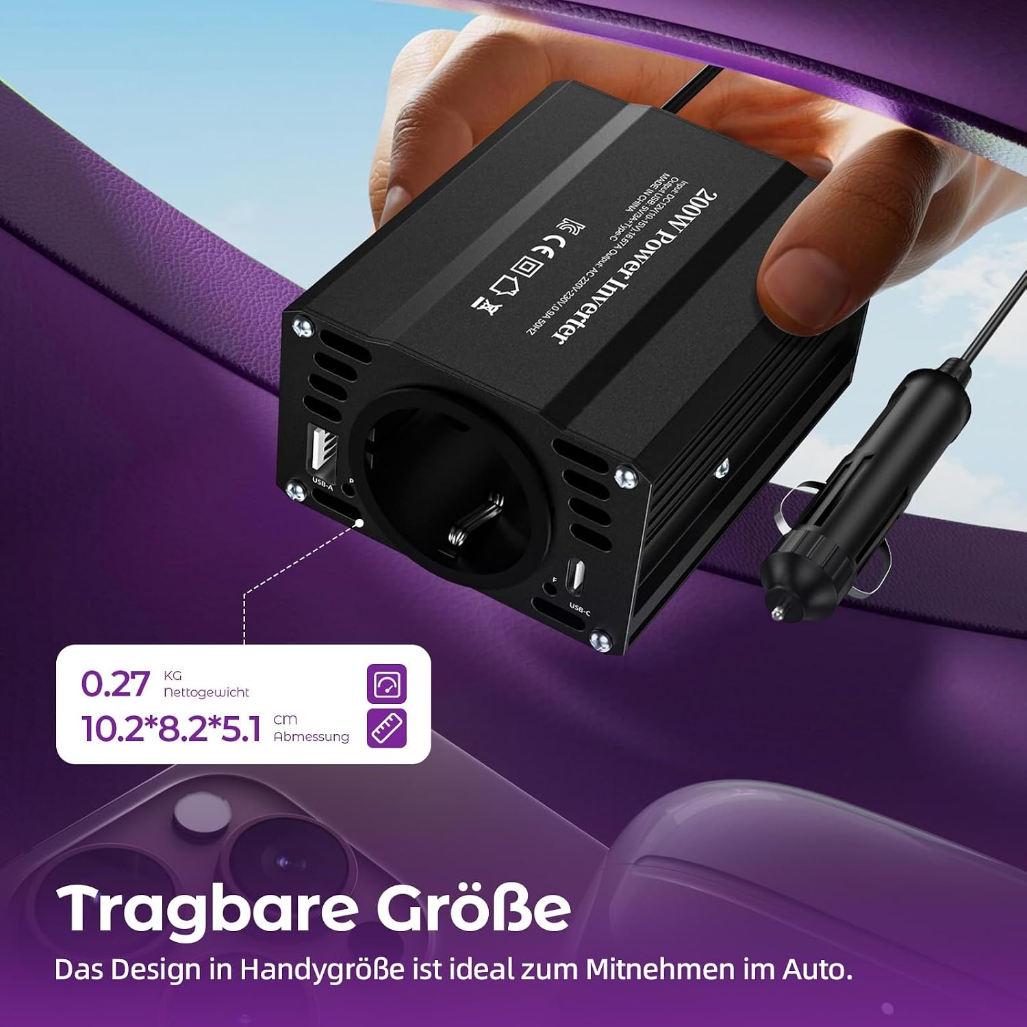12V/220V Omvormer 300W met USB & Type C Snellader