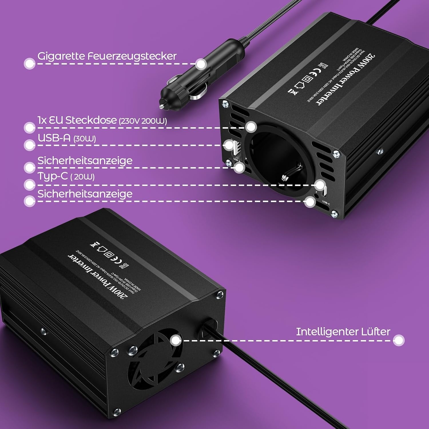 12V/220V Omvormer 300W met USB & Type C Snellader