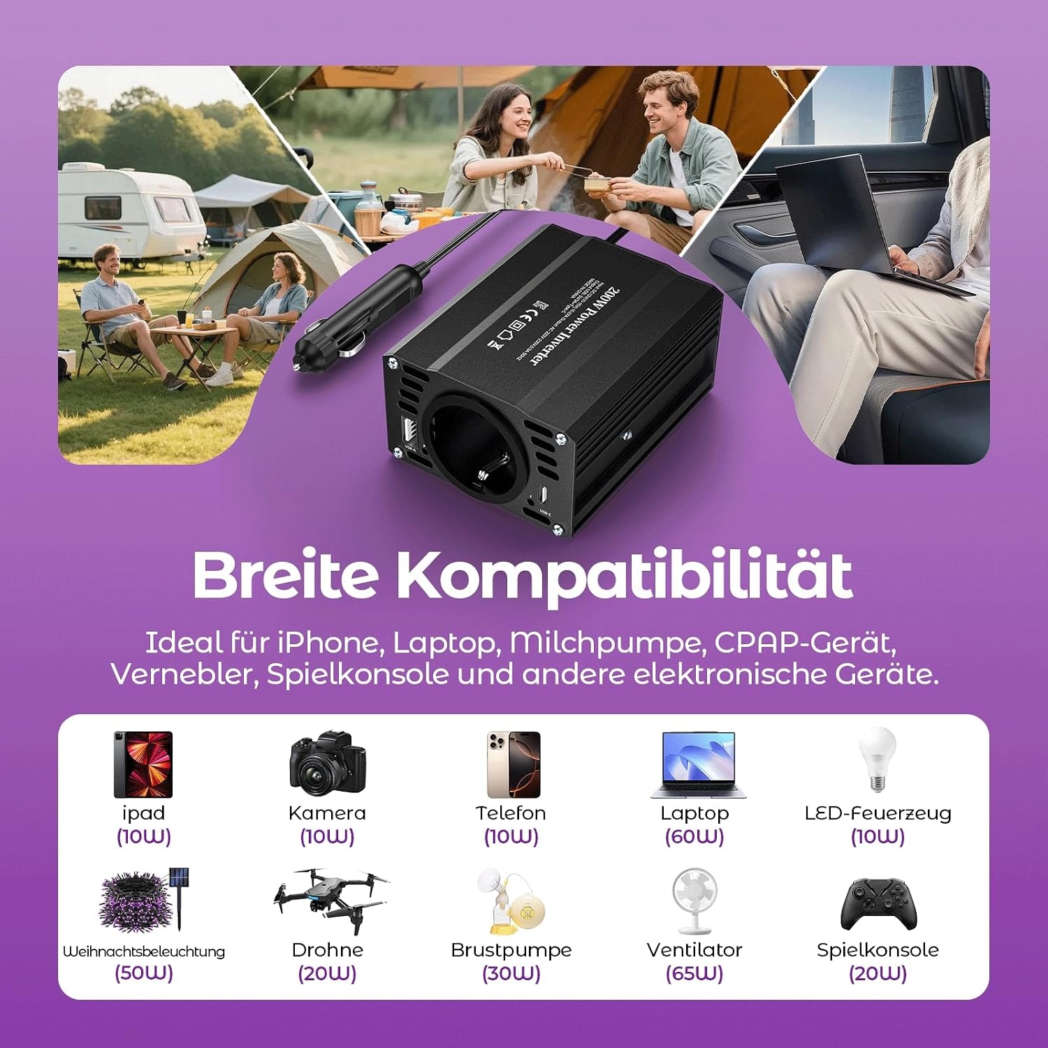 12V/220V Omvormer 300W met USB & Type C Snellader