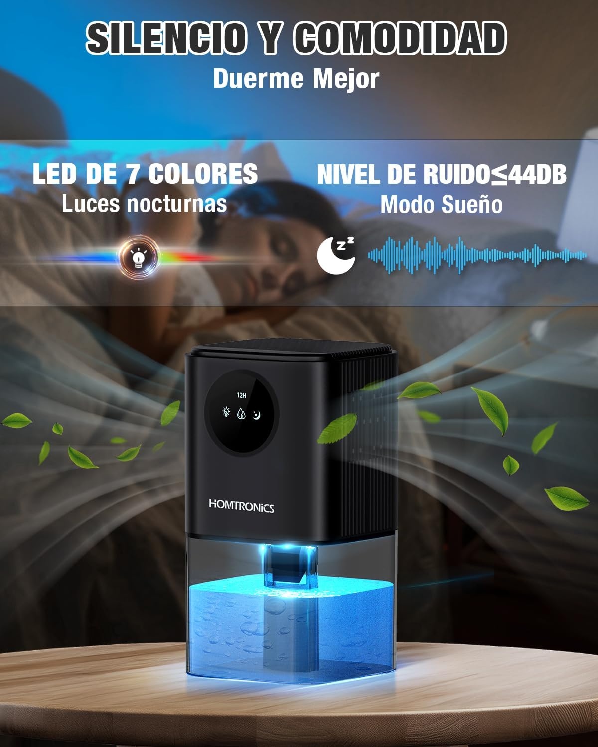 Elektrische luchtontvochtiger, 1700 ml, met timerfunctie, stil, kleine luchtontvochtiger met 7 lichtkleuren, automatische uitschakeling, voor slaapkamer, kast, badkamer (zwart)
