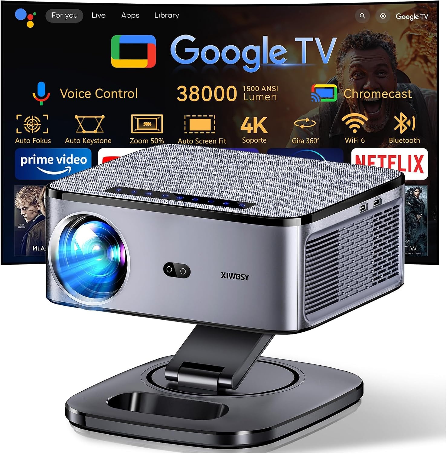 XIWBSY T08 PRO Projector - 4K Support, 1500 ANSI, Google TV, 360° Draaibaar