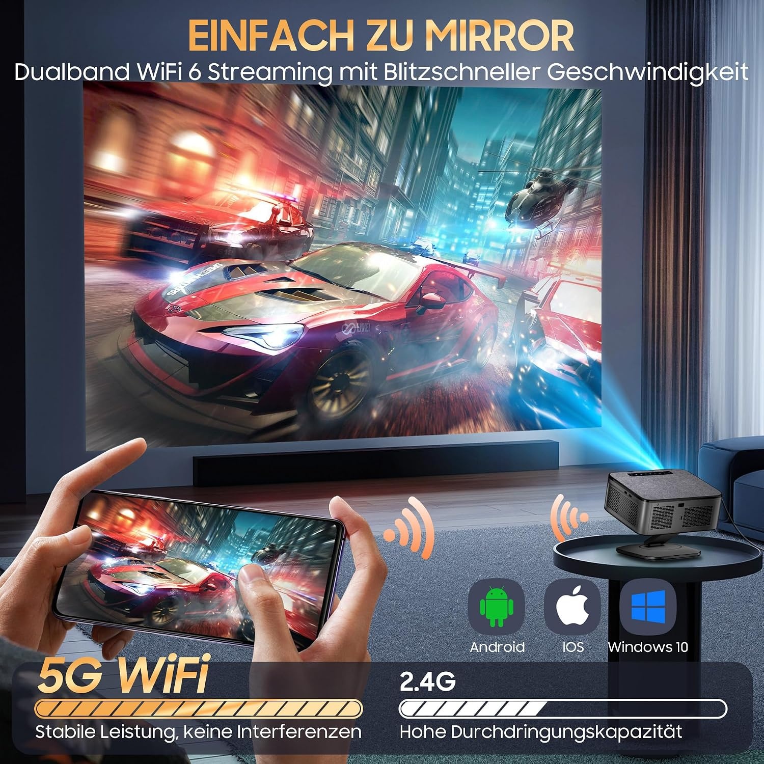 XIWBSY T08 PRO Projector - 4K Support, 1500 ANSI, Google TV, 360° Draaibaar