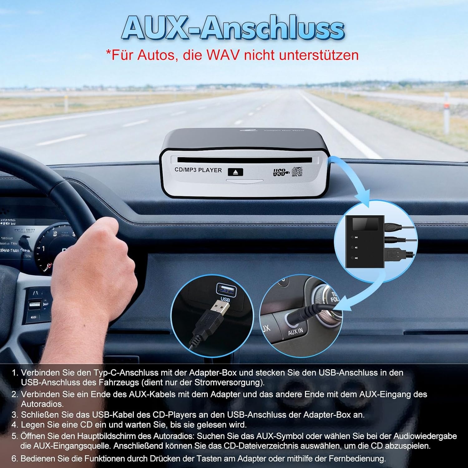 externe universele cd-speler voor auto, vrachtwagen met AUX-kabel en afstandsbediening, externe cd-drive voor laptop, pc, tv, compatibel met Android autoradio