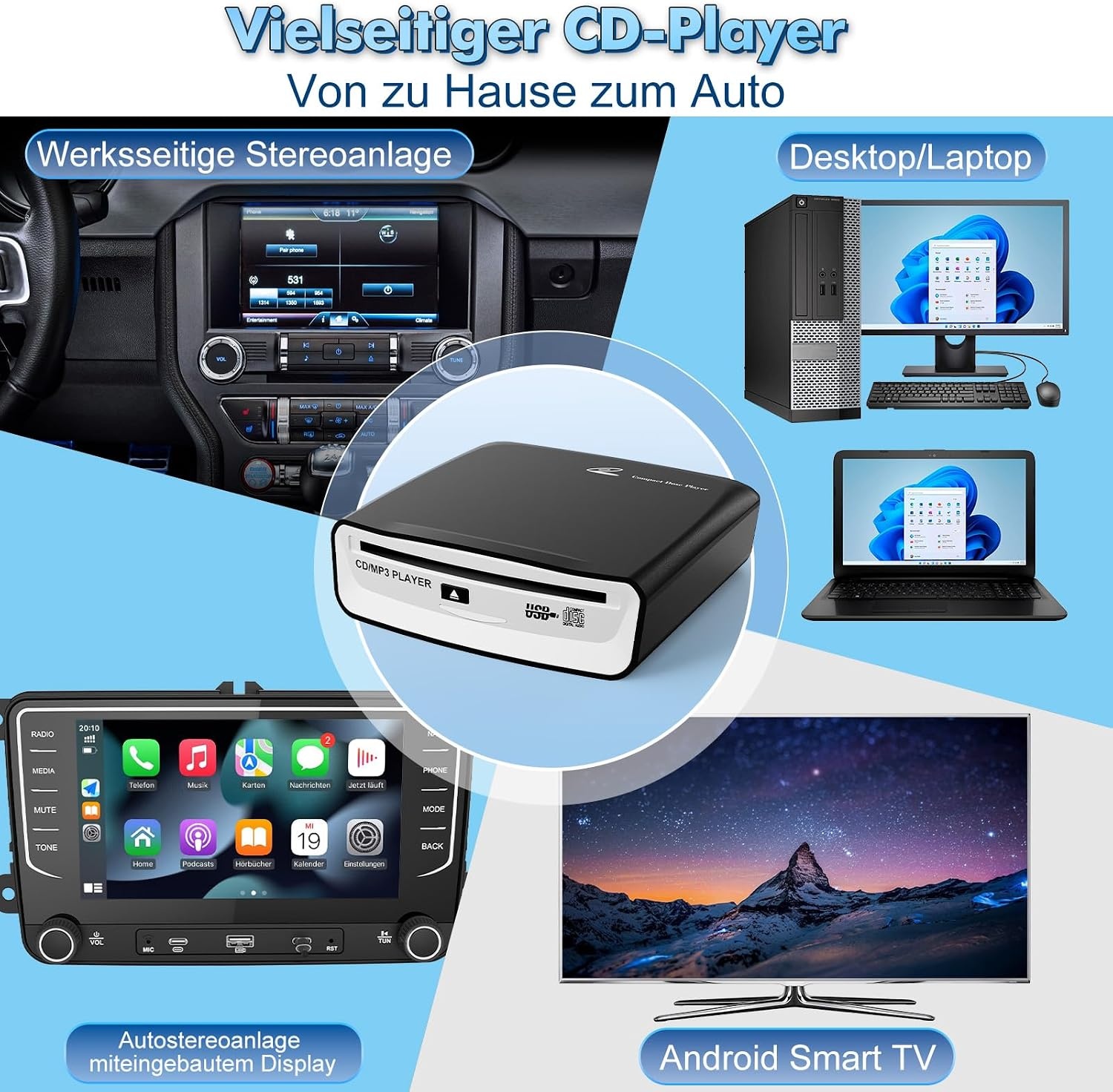 externe universele cd-speler voor auto, vrachtwagen met AUX-kabel en afstandsbediening, externe cd-drive voor laptop, pc, tv, compatibel met Android autoradio