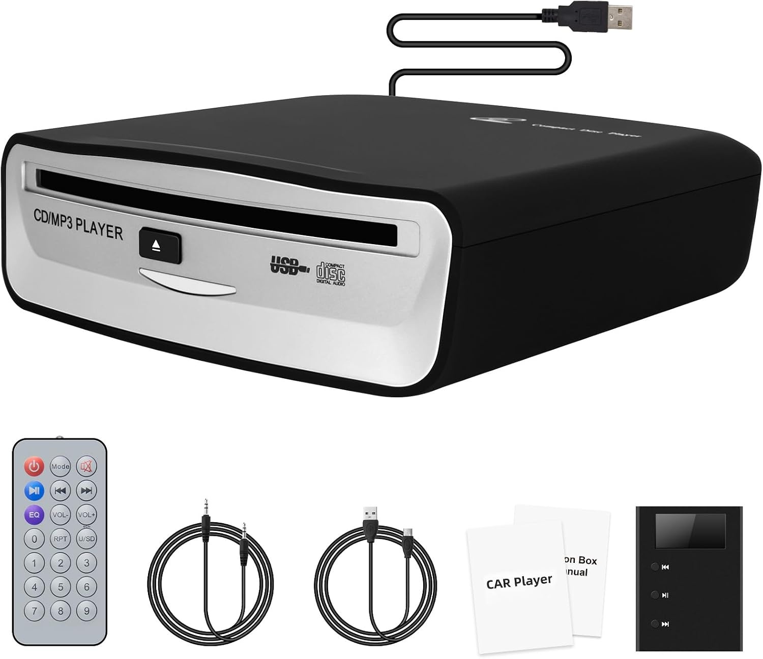 externe universele cd-speler voor auto, vrachtwagen met AUX-kabel en afstandsbediening, externe cd-drive voor laptop, pc, tv, compatibel met Android autoradio