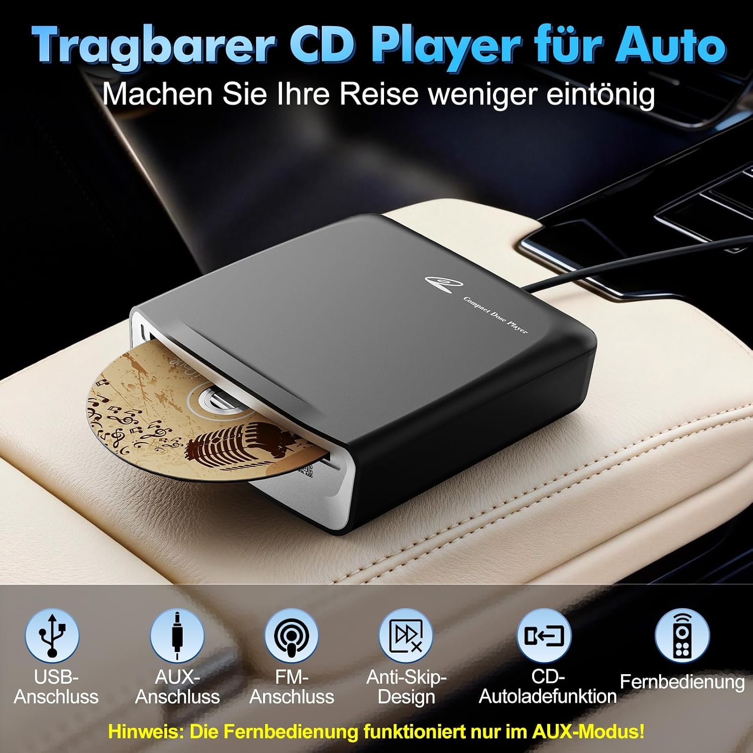 externe universele cd-speler voor auto, vrachtwagen met AUX-kabel en afstandsbediening, externe cd-drive voor laptop, pc, tv, compatibel met Android autoradio