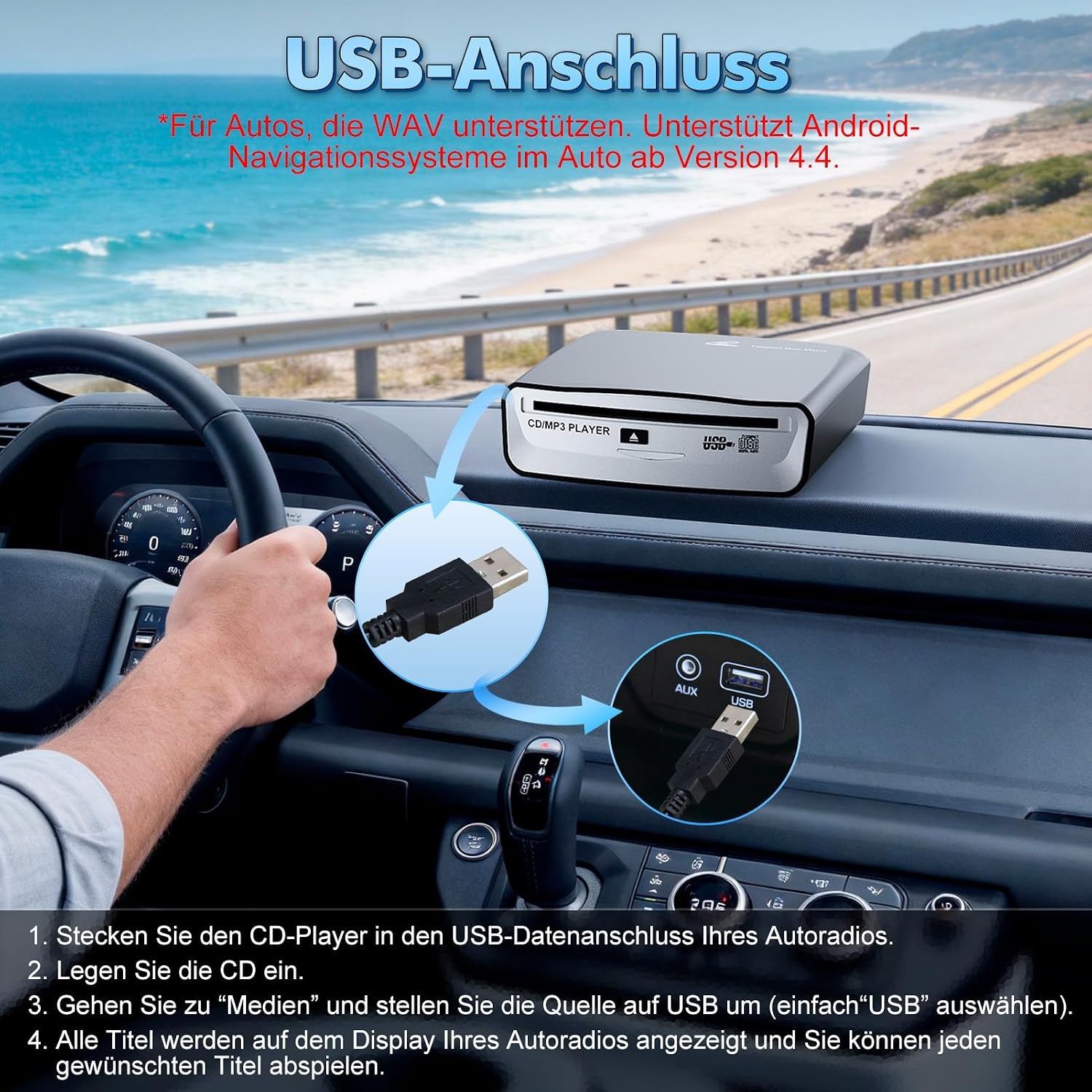 externe universele cd-speler voor auto, vrachtwagen met AUX-kabel en afstandsbediening, externe cd-drive voor laptop, pc, tv, compatibel met Android autoradio