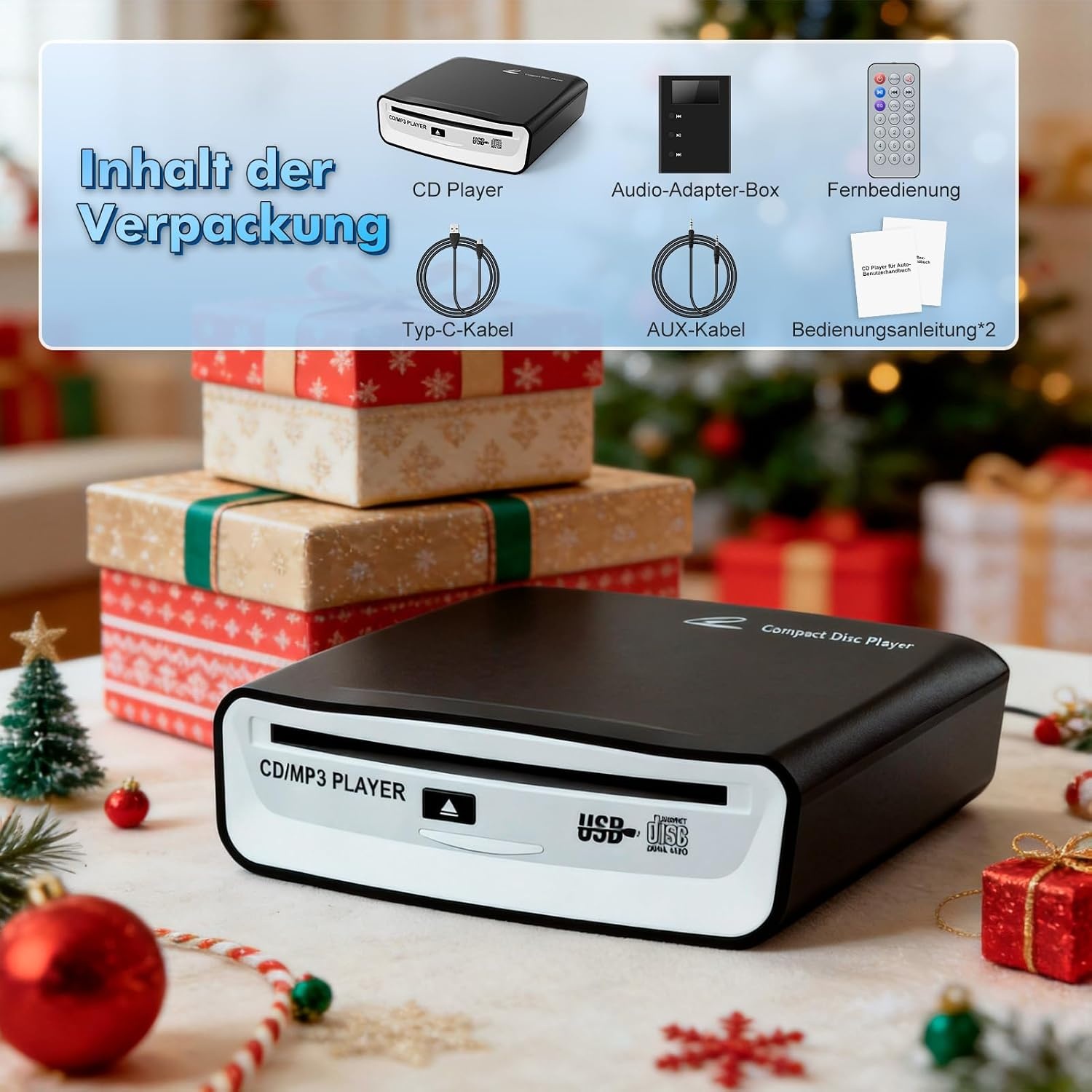 externe universele cd-speler voor auto, vrachtwagen met AUX-kabel en afstandsbediening, externe cd-drive voor laptop, pc, tv, compatibel met Android autoradio