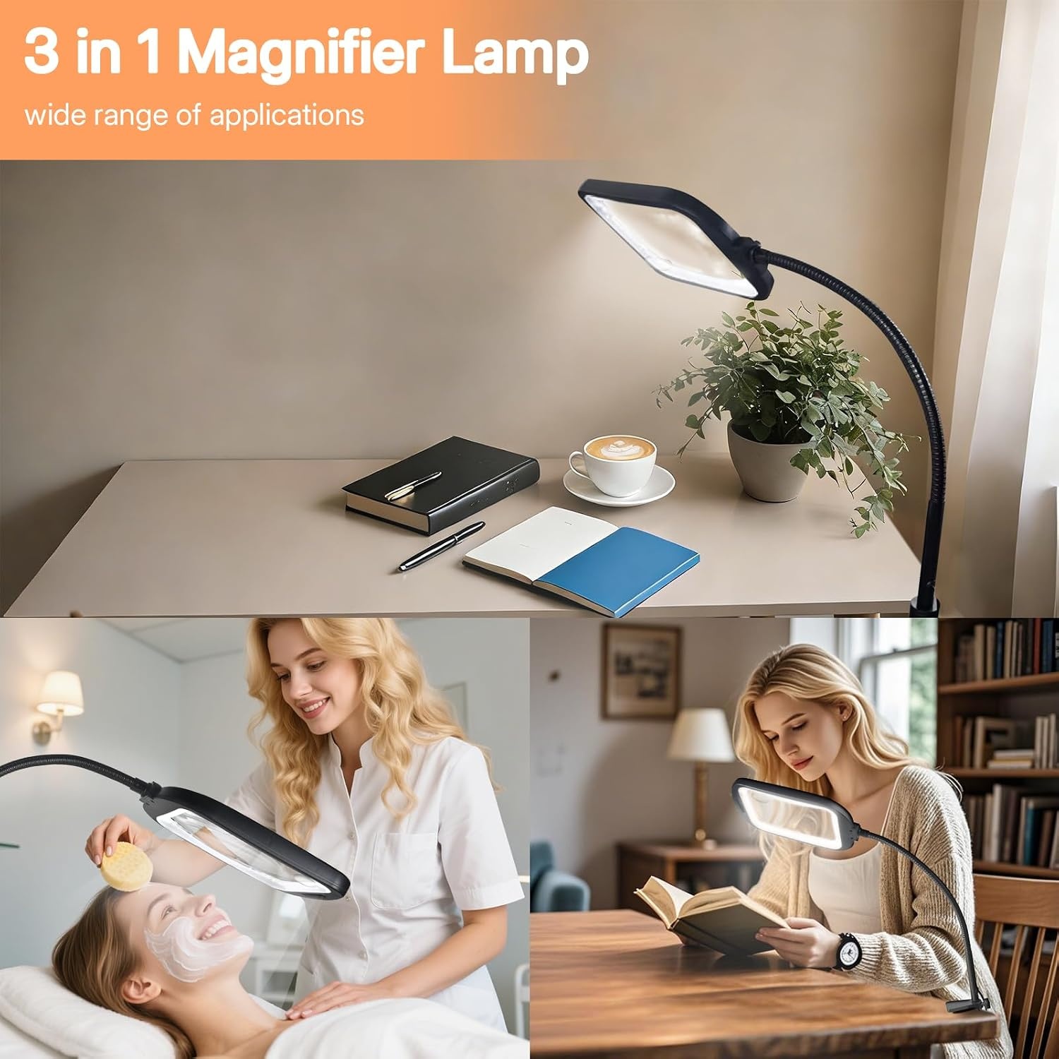 GABORISH 3-in-1 Vergrootlamp met LED - 10x Vergrootglas - Zwart - 16 cm lens