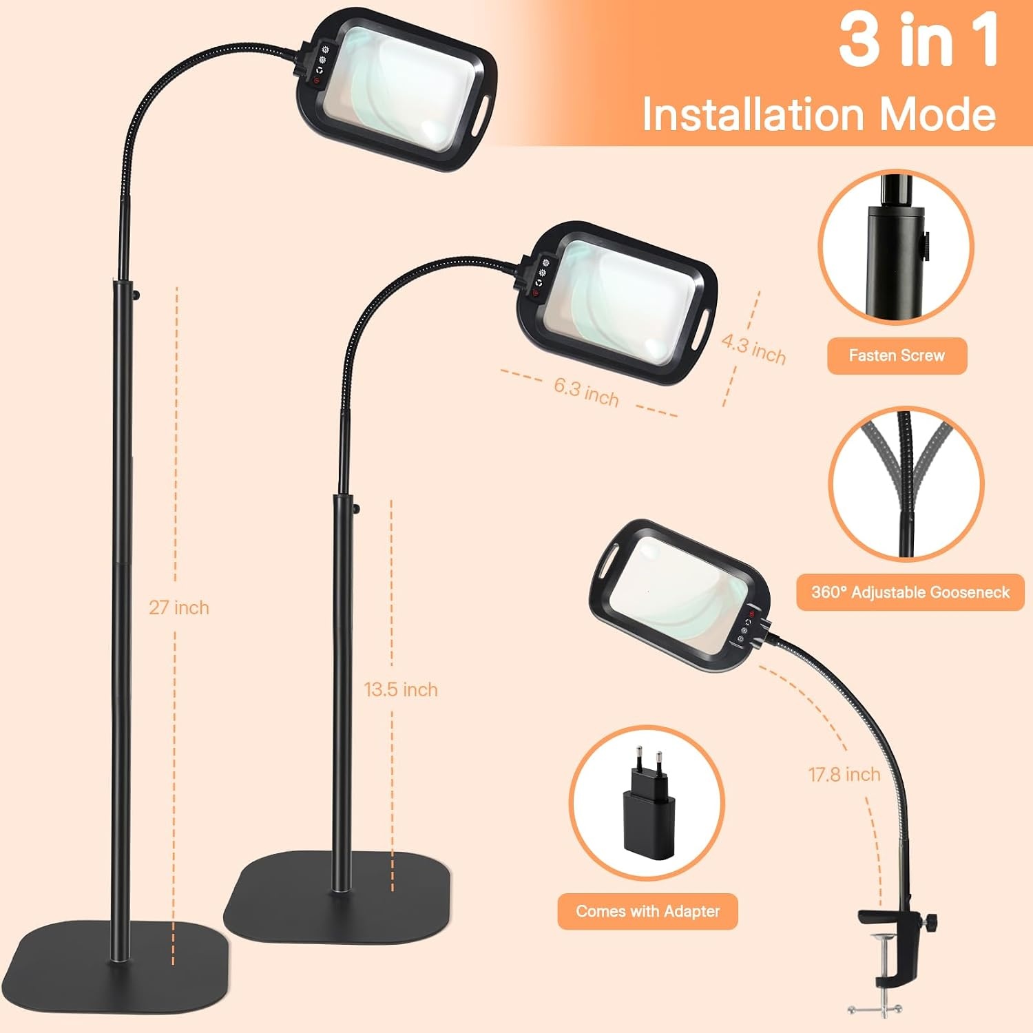 GABORISH 3-in-1 Vergrootlamp met LED - 10x Vergrootglas - Zwart - 16 cm lens