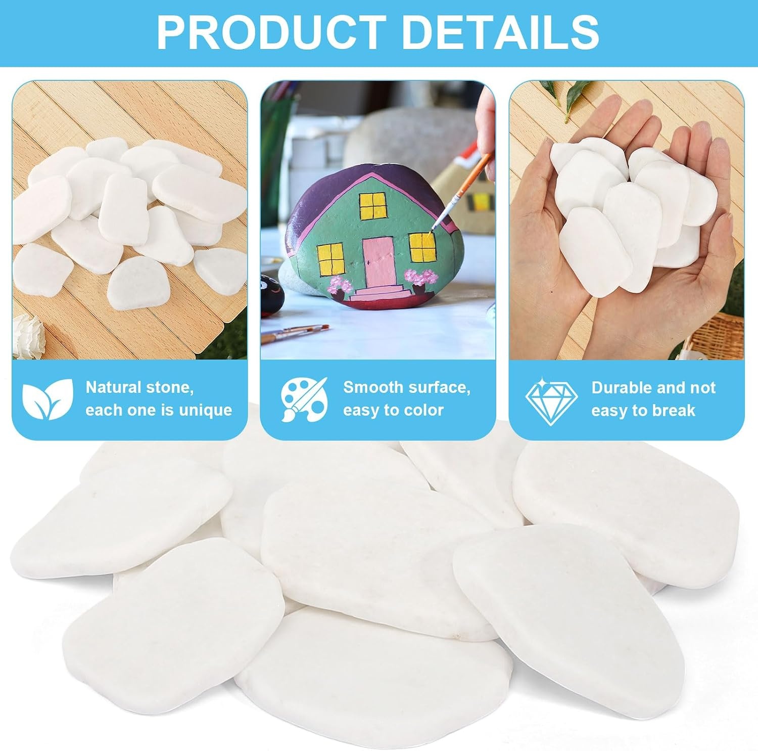 prota 15 Pieces Stones for Painting, 5-8 cm Smooth Large Pebbles, Flat Pebbles for Crafts White Pebbles Decorative Stones Beach Rhinestones Garden Pebbles for Colourful