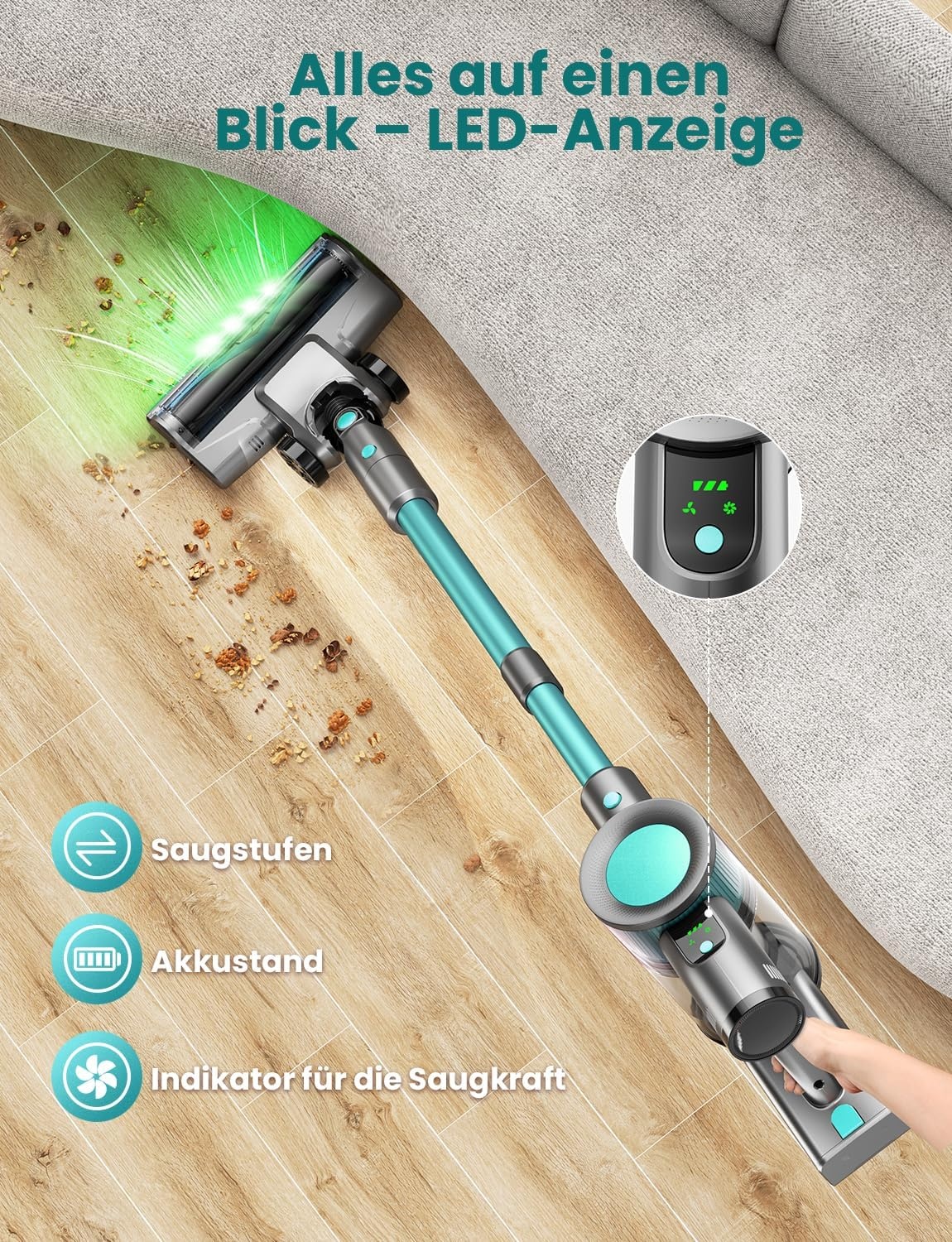 Draadloze Steelstofzuiger Cyaan - 61% Korting | 45000Pa, 50 Min. Looptijd