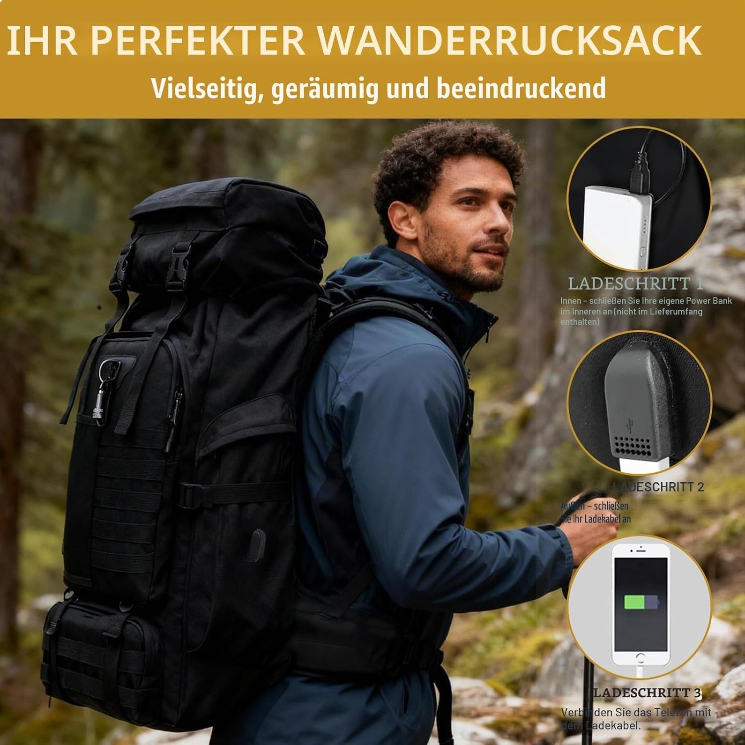 80L Outdoor Wandelrugzak - Waterdicht, Zwart, incl. Regenhoes - 33% Korting