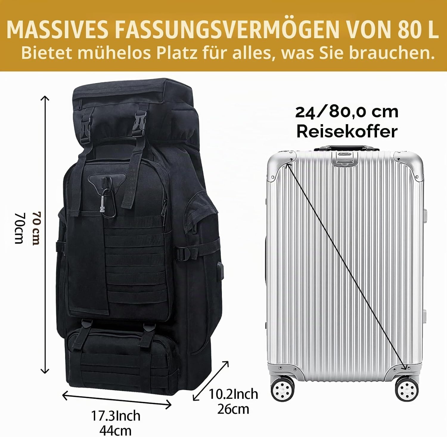 80L Outdoor Wandelrugzak - Waterdicht, Zwart, incl. Regenhoes - 33% Korting