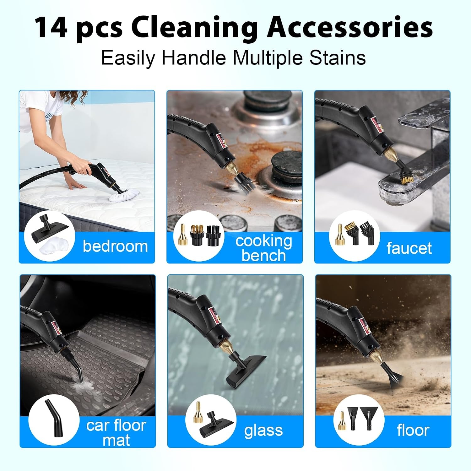 Hand Steam Cleaner, Hand Device with 14 Accessories, 1500 W Multifunctional Steam Cleaner, Steam Pressure 3 Bar, Warm-up Time 15 s, 1400 ml Tank, Hand Steam Cleaner for Cleaning Windows, Sofas, Joints