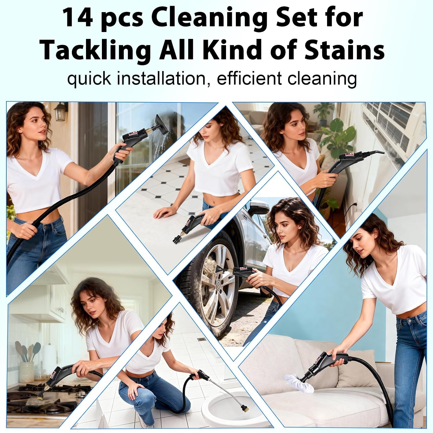 Hand Steam Cleaner, Hand Device with 14 Accessories, 1500 W Multifunctional Steam Cleaner, Steam Pressure 3 Bar, Warm-up Time 15 s, 1400 ml Tank, Hand Steam Cleaner for Cleaning Windows, Sofas, Joints