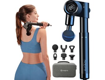 NAPRE Opvouwbaar massagepistool met verlenghandvat en 5 verstelbare hoeken, diepe weefselrugmassage voor nek/lichaamspijnverlichting, handheld percussie-spierstimulator, 32 snelheden, 6 hoofden en