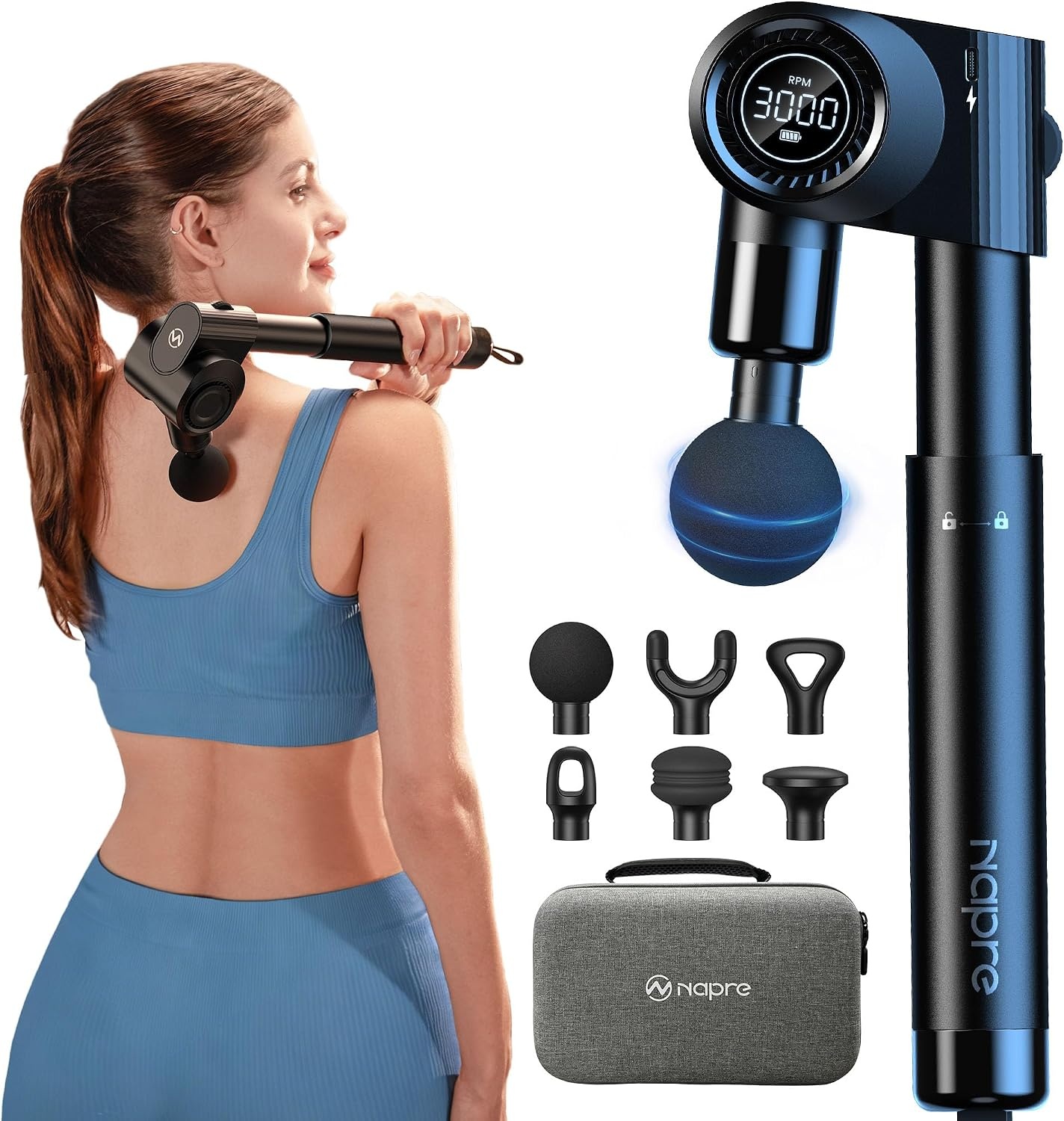 NAPRE Opvouwbaar massagepistool met verlenghandvat en 5 verstelbare hoeken, diepe weefselrugmassage voor nek/lichaamspijnverlichting, handheld percussie-spierstimulator, 32 snelheden, 6 hoofden en