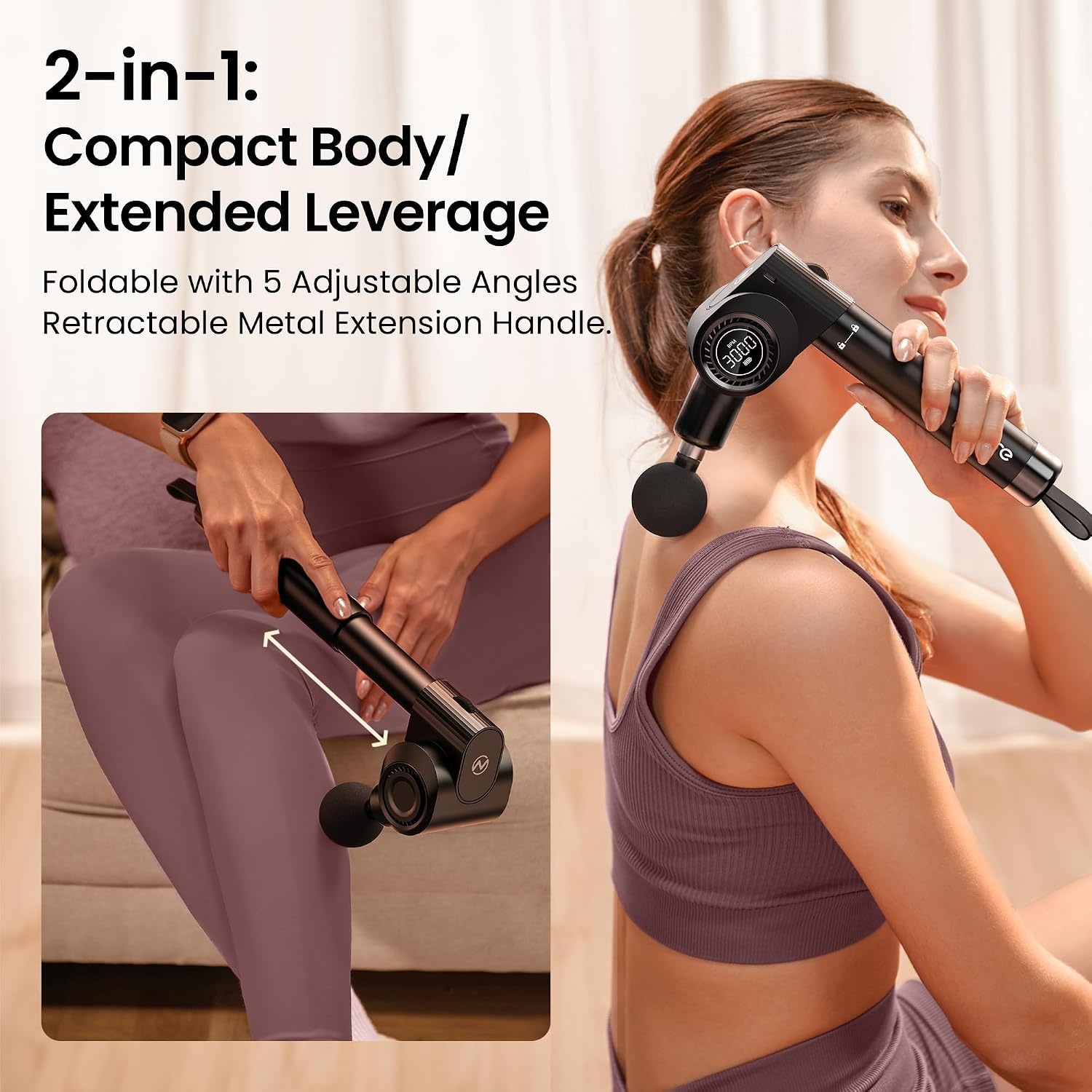 NAPRE Opvouwbaar massagepistool met verlenghandvat en 5 verstelbare hoeken, diepe weefselrugmassage voor nek/lichaamspijnverlichting, handheld percussie-spierstimulator, 32 snelheden, 6 hoofden en