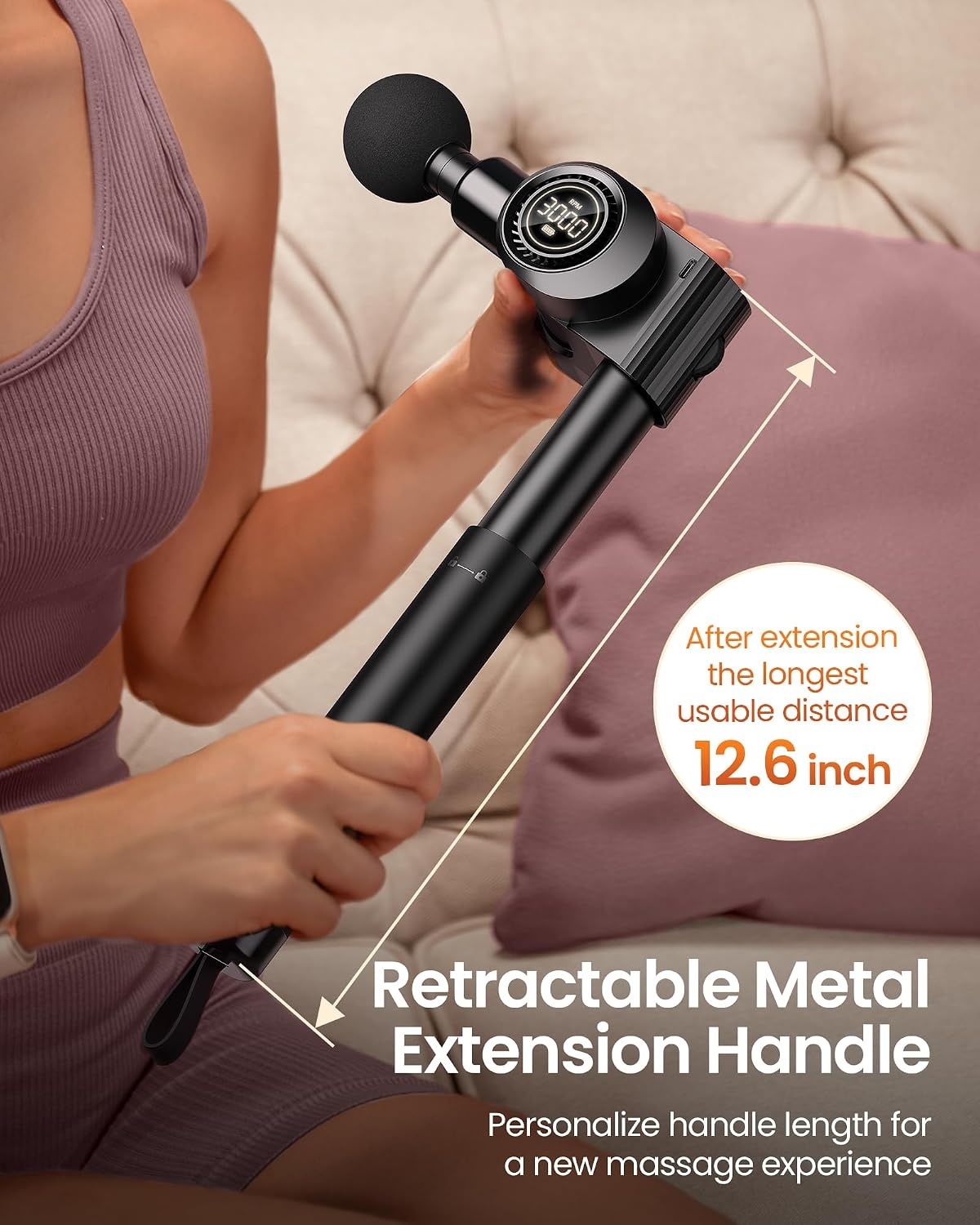 NAPRE Opvouwbaar massagepistool met verlenghandvat en 5 verstelbare hoeken, diepe weefselrugmassage voor nek/lichaamspijnverlichting, handheld percussie-spierstimulator, 32 snelheden, 6 hoofden en