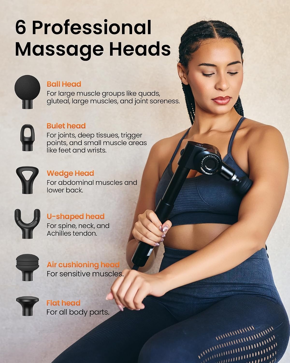 NAPRE Opvouwbaar massagepistool met verlenghandvat en 5 verstelbare hoeken, diepe weefselrugmassage voor nek/lichaamspijnverlichting, handheld percussie-spierstimulator, 32 snelheden, 6 hoofden en