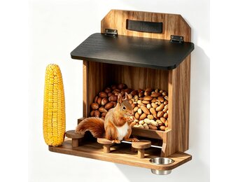 Voederhuisje voor eekhoorns Weerbestendig, Stevig eekhoornhuis van hout voor buiten, voederstation met picknicktafel, drinkbak en maïskolbenvanger