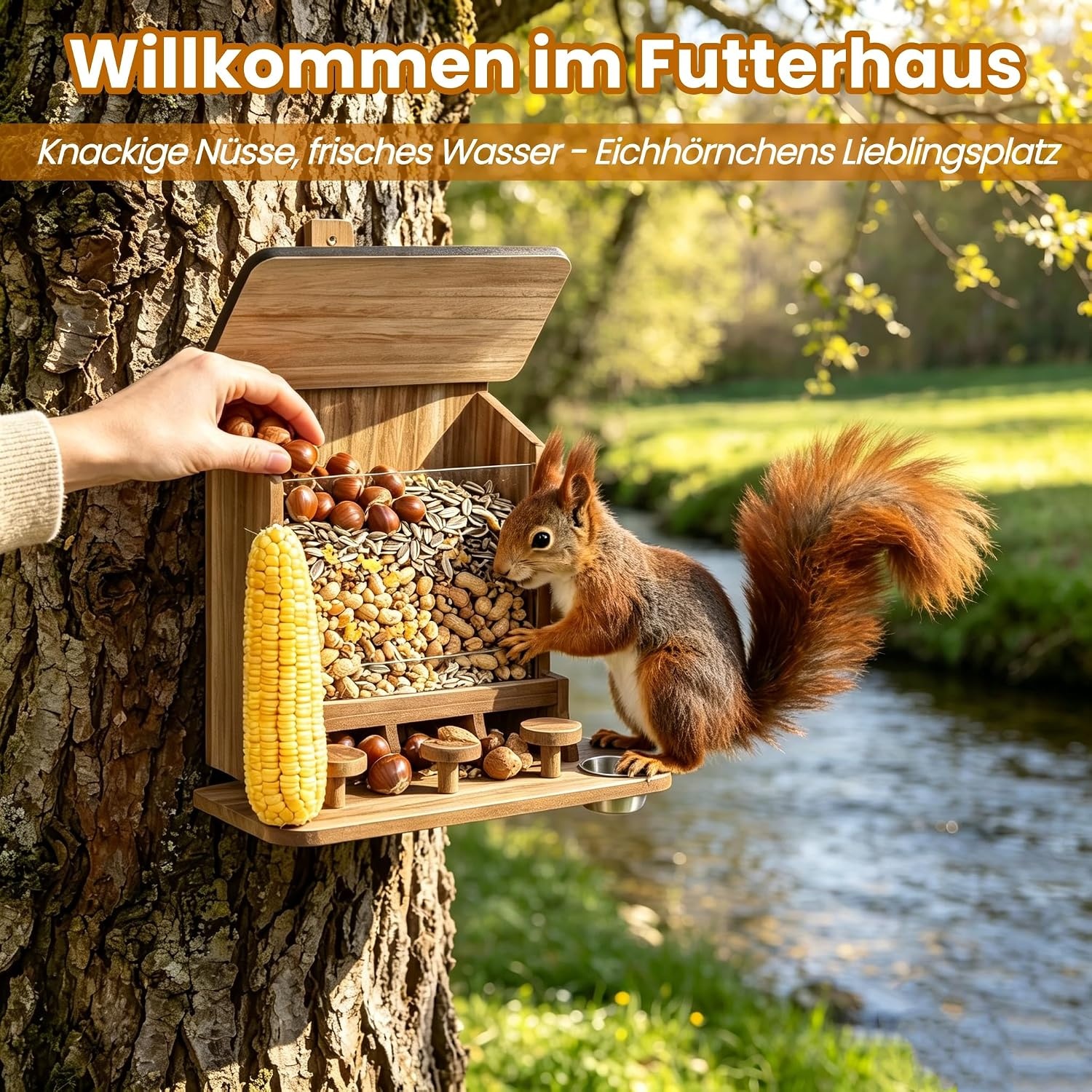 Voederhuisje voor eekhoorns Weerbestendig, Stevig eekhoornhuis van hout voor buiten, voederstation met picknicktafel, drinkbak en maïskolbenvanger