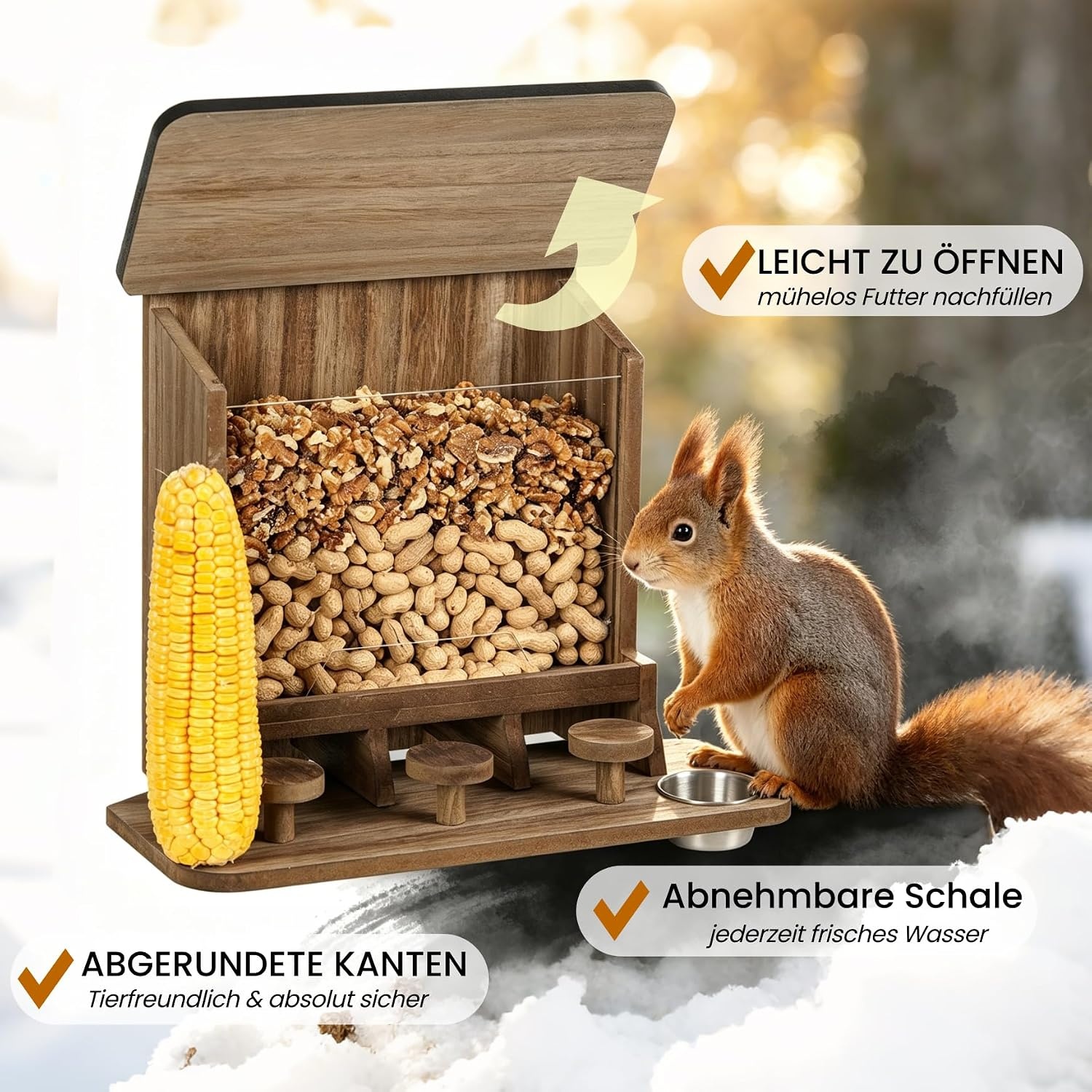 Voederhuisje voor eekhoorns Weerbestendig, Stevig eekhoornhuis van hout voor buiten, voederstation met picknicktafel, drinkbak en maïskolbenvanger