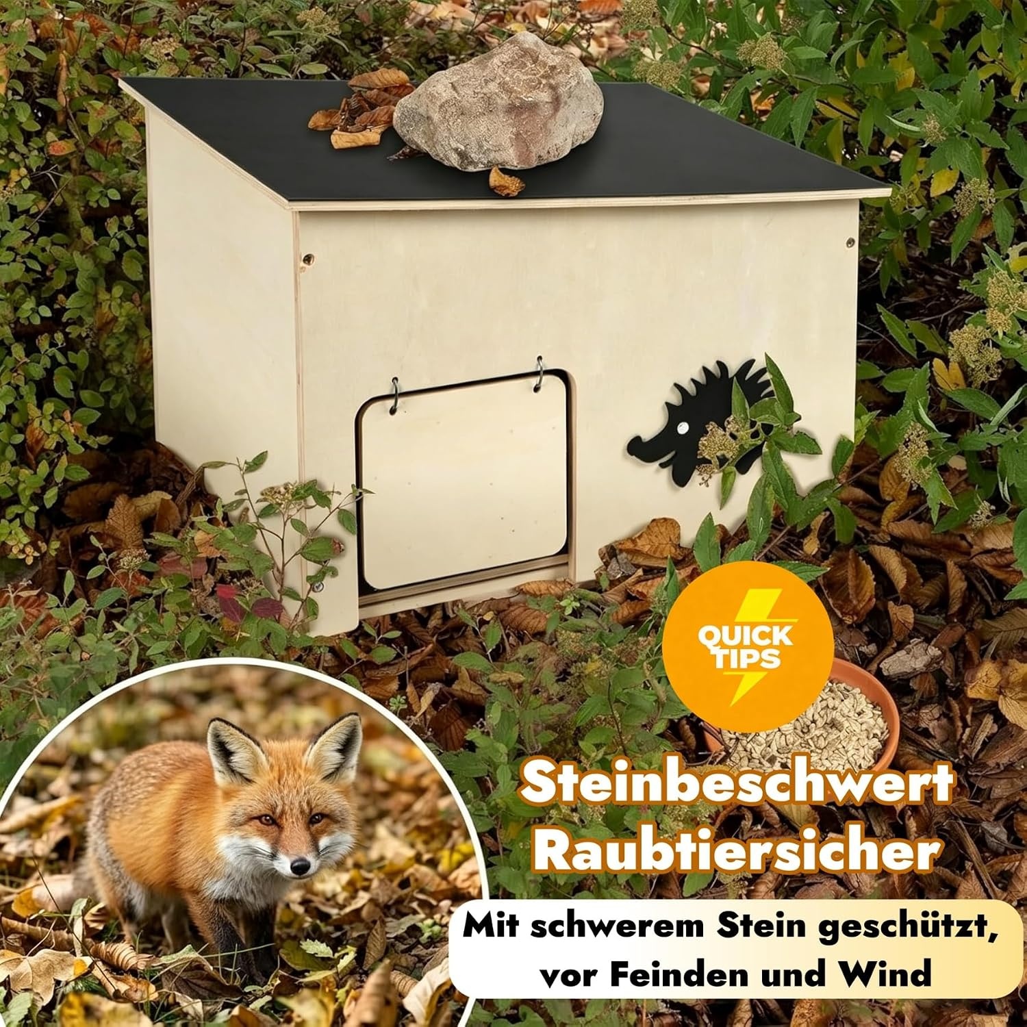 Groot egelhuis met klep voor ratten en labyrint-ingang, houten egelhotel, weerbestendig en kattenbestendig, voor winterslaap en zomerschuilplaats, 26 x 30 x 37 cm (h x b x d)