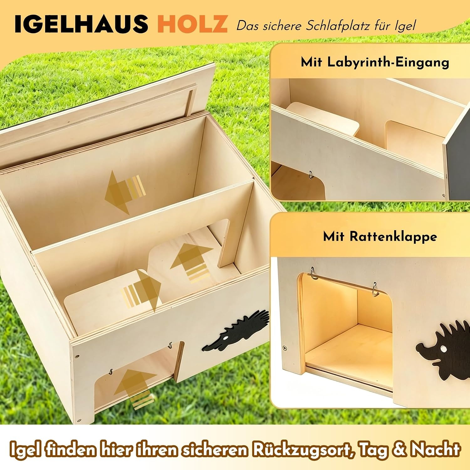 Groot egelhuis met klep voor ratten en labyrint-ingang, houten egelhotel, weerbestendig en kattenbestendig, voor winterslaap en zomerschuilplaats, 26 x 30 x 37 cm (h x b x d)
