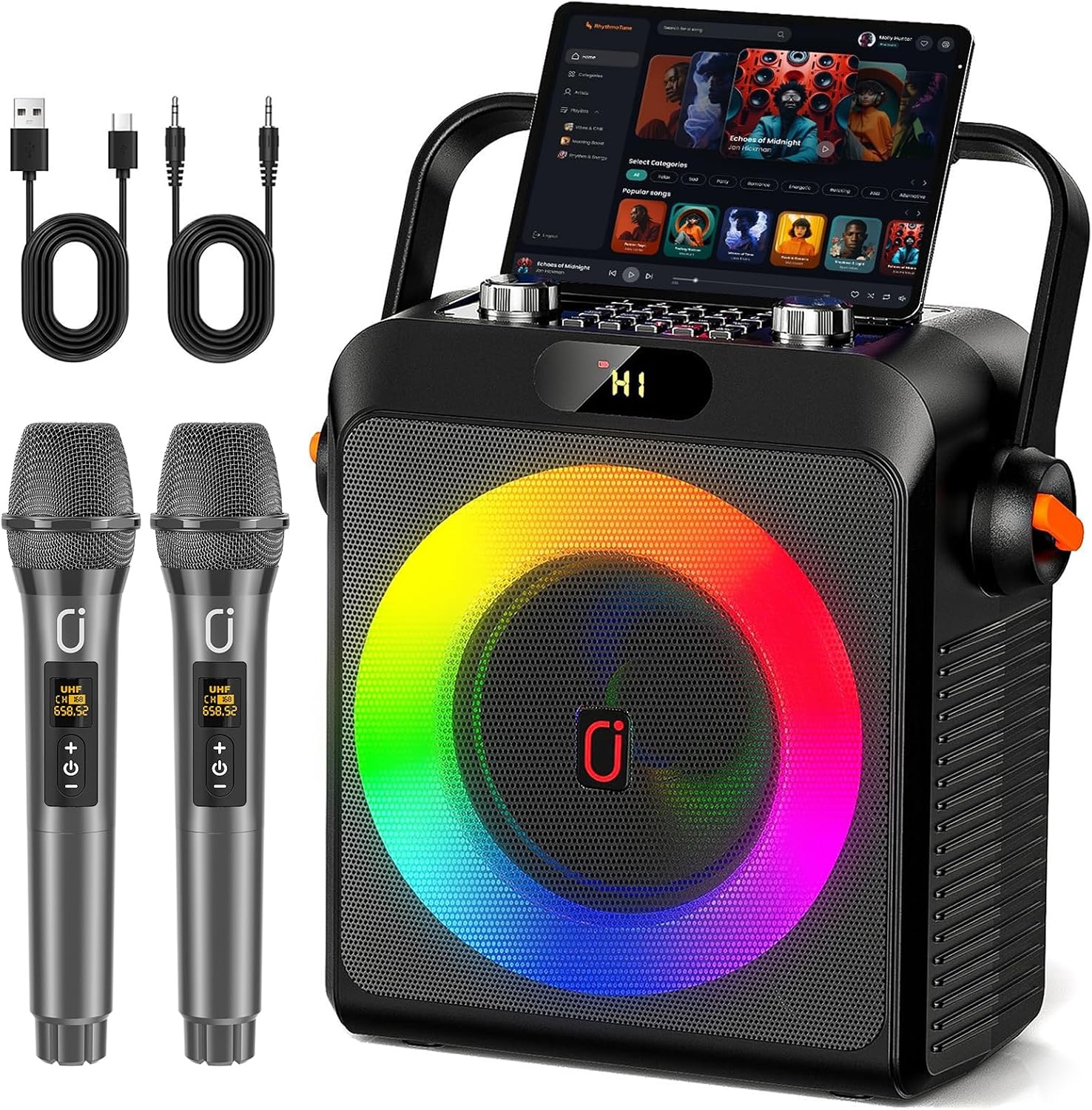JYX Karaoke met 2 microfoons, bluetooth-luidsprekers en dj-lampjes voor volwassenen en kinderen, PA-systeem met microfoon, karaoke, draagbaar, voor feestjes thuis, buiten