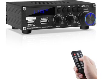 Bluetooth HiFi Versterker AS-22 2.0 Kanalen Mini Stereo Audio Versterker 40W x 2 Klasse D Digitale Vermogensversterker Ontvanger met BT AUX USB-ingang, DC 12V/5A