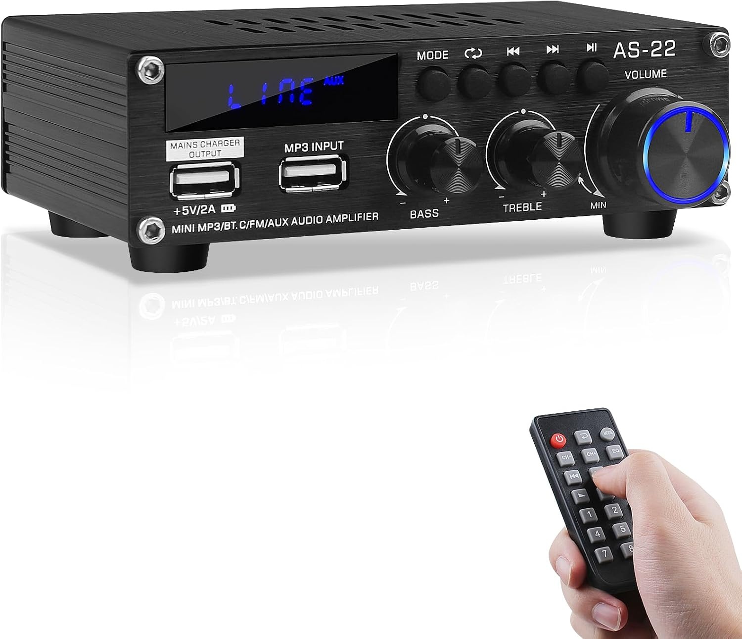 Bluetooth HiFi Versterker AS-22 2.0 Kanalen Mini Stereo Audio Versterker 40W x 2 Klasse D Digitale Vermogensversterker Ontvanger met BT AUX USB-ingang, DC 12V/5A