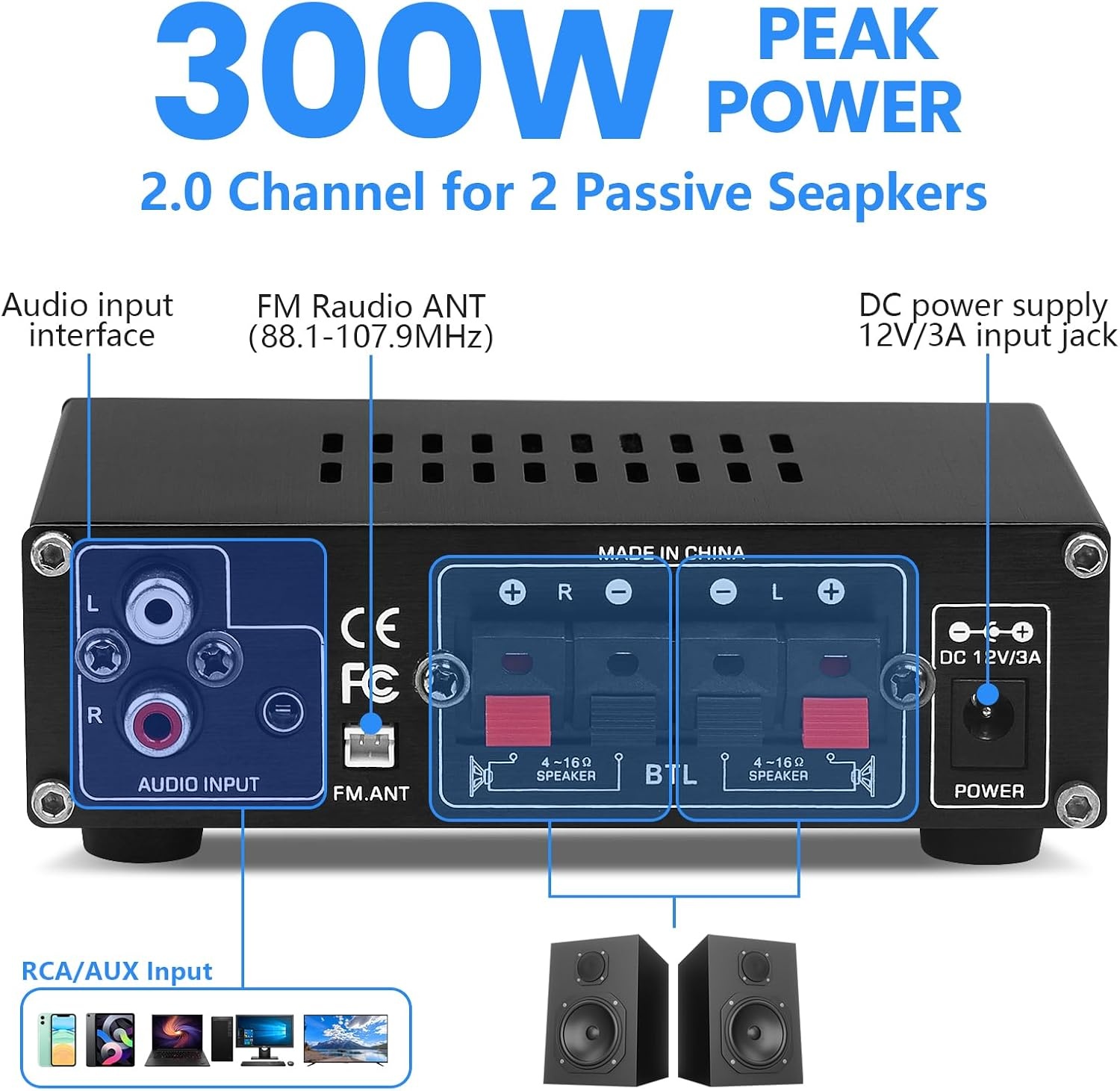Bluetooth HiFi Versterker AS-22 2.0 Kanalen Mini Stereo Audio Versterker 40W x 2 Klasse D Digitale Vermogensversterker Ontvanger met BT AUX USB-ingang, DC 12V/5A